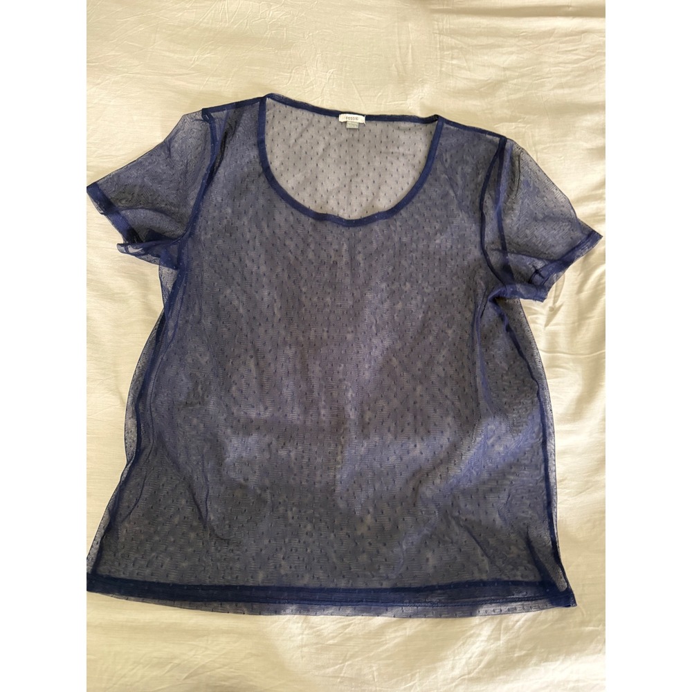 Fossil Women's Blue Dotted Mesh Top Short Sleeve Blouse Size L Y2K‎ Goth